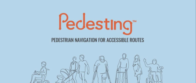 image with light blue background and the word pedesting in orange. Below it are illustrations of a few people - a person in a wheelchair, a couple with a stroller, person with crutches, a person with a walker, a pregnant woman, and another person in a wheelchair with their right hand raised.